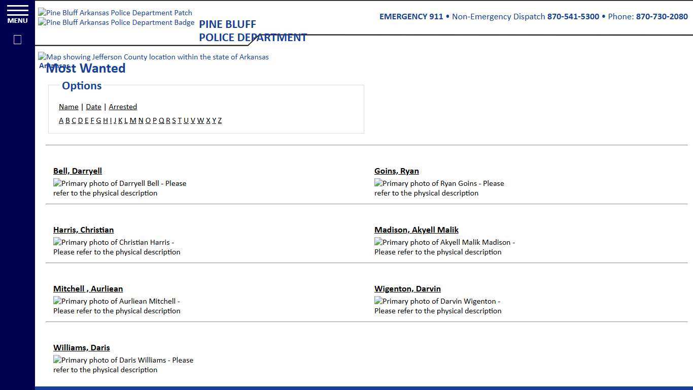 Most Wanted - Sorting by Name - Page 1 - Pine Bluff Arkansas Police Department